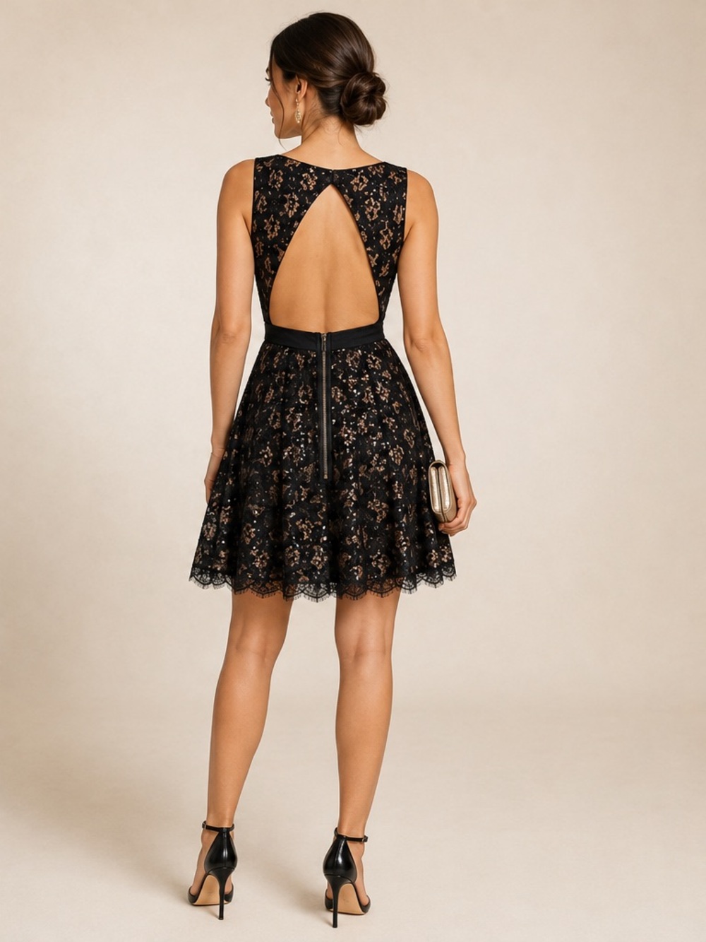 BCBG Max Azria Black Lace Sequin Fit & Flare Dress w Bow Detail Size 0 - Picture 6 of 11